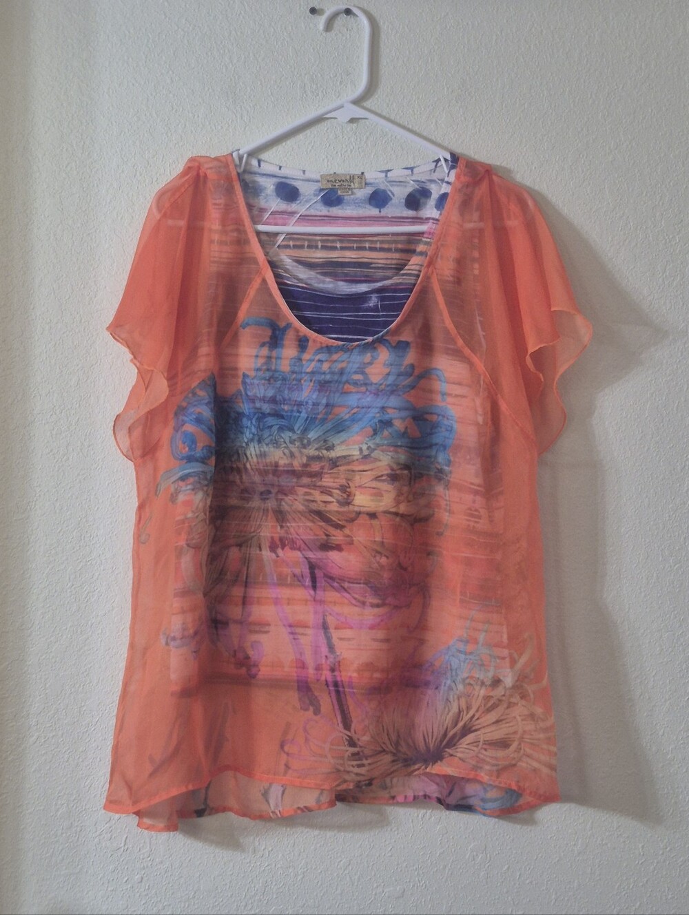 ONE WORLD Coral Sheer Floral Overlay Blouse